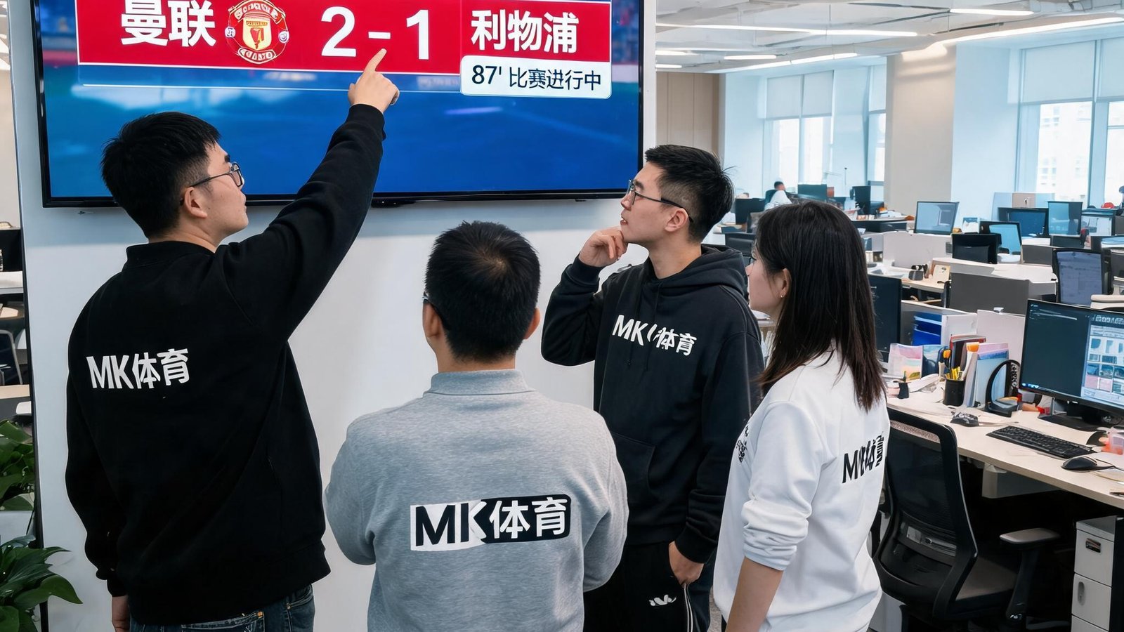 MK体育团队在开放式办公室中讨论赛事数据大屏，墙上显示器显示实时比分