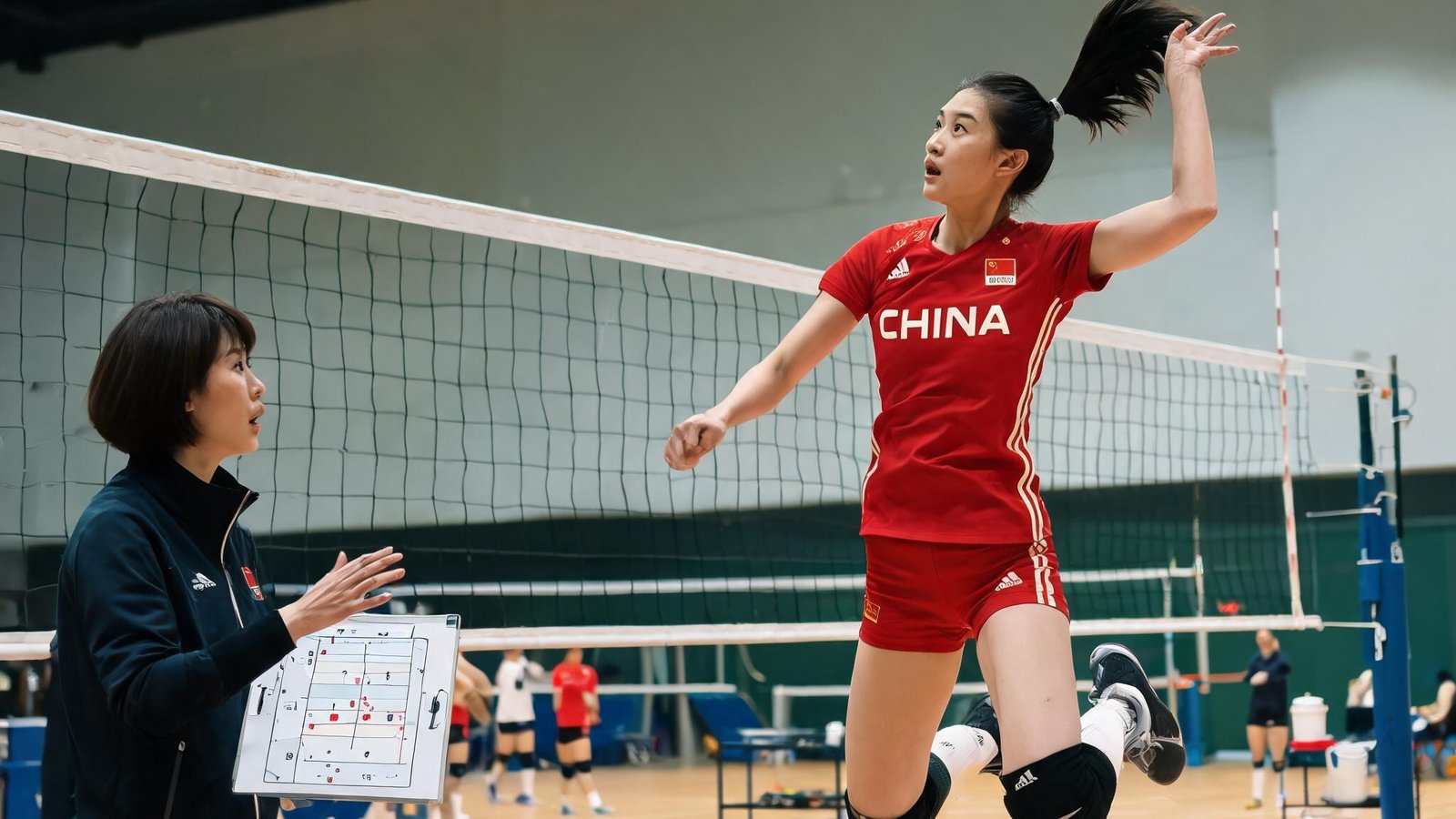 中国女排队员在训练馆扣球，主教练在场边指导